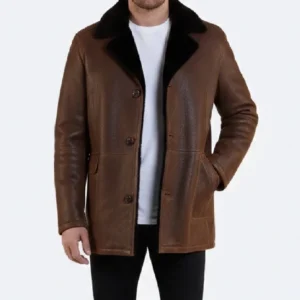 Men’s Black Fur Shearling Collar Brown Leather Coat