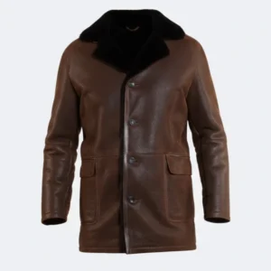 Men’s Black Fur Shearling Collar Brown Leather Coat - Image 3