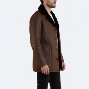 Men’s Black Fur Shearling Collar Brown Leather Coat - Image 4