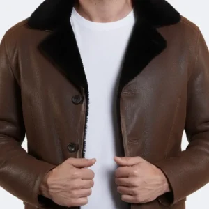 Men’s Black Fur Shearling Collar Brown Leather Coat - Image 5