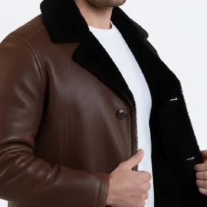 Men’s Black Fur Shearling Collar Brown Leather Coat - Image 6
