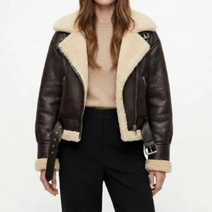 Womens Brown Cropped Shearling Leather Jacket